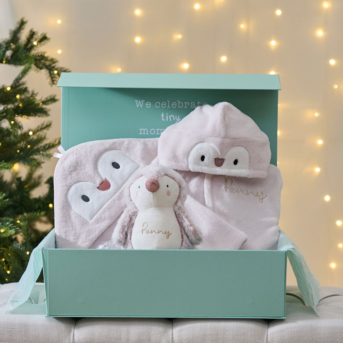 Personalised Pink Penguin Splash, Snuggle and Cuddle Gift Set