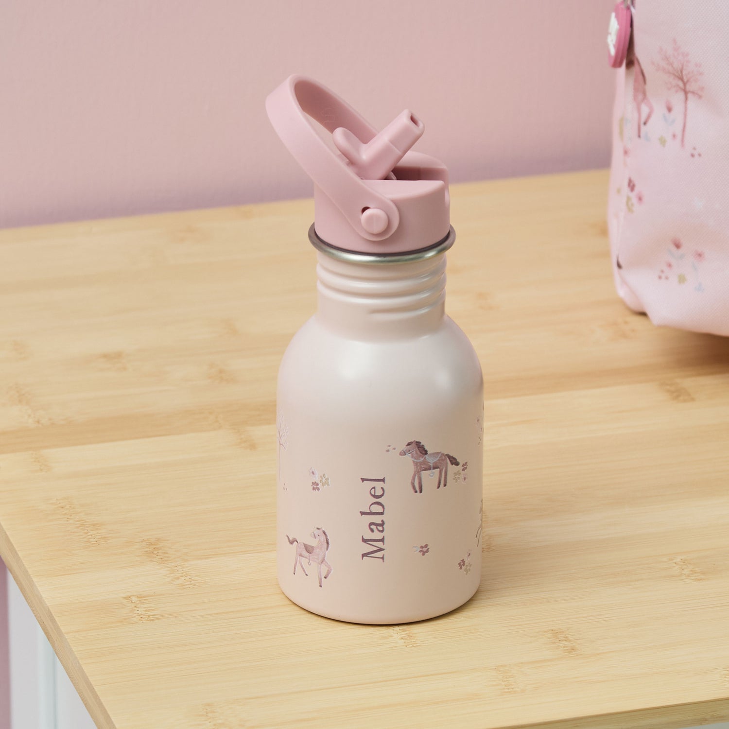 Personalised Ponies Print Pink Bottle