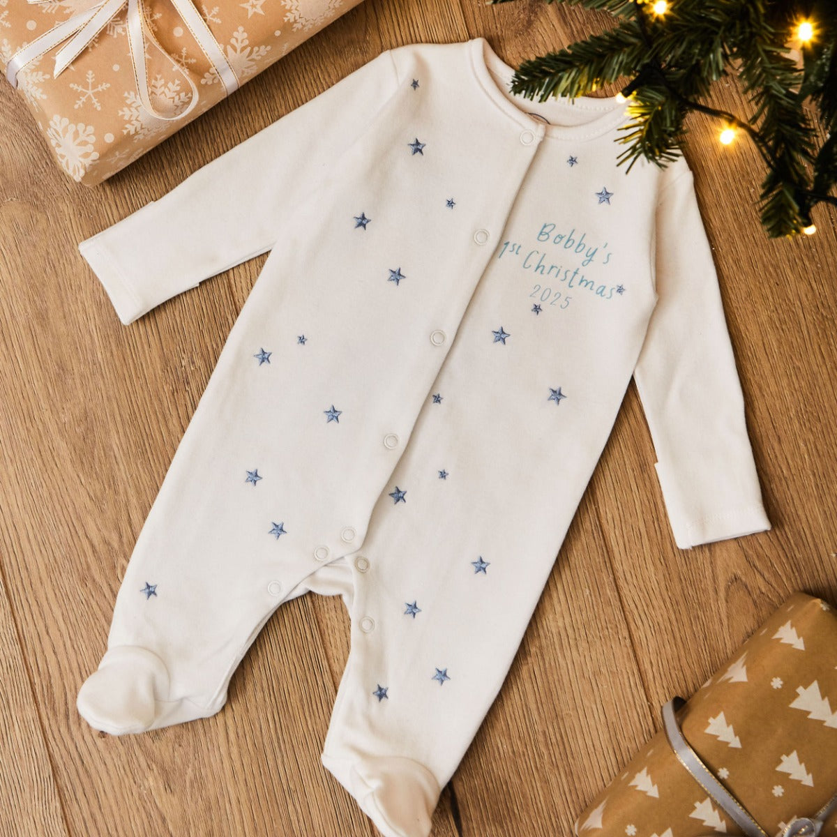 Personalised My 1st Christmas 2025 Blue Star Sleepsuit