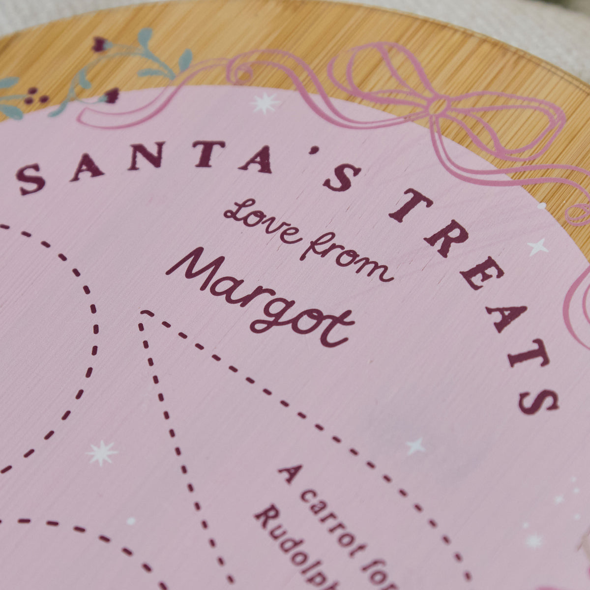 Personalised Pink Bow Santa Treats Wooden Christmas Platter