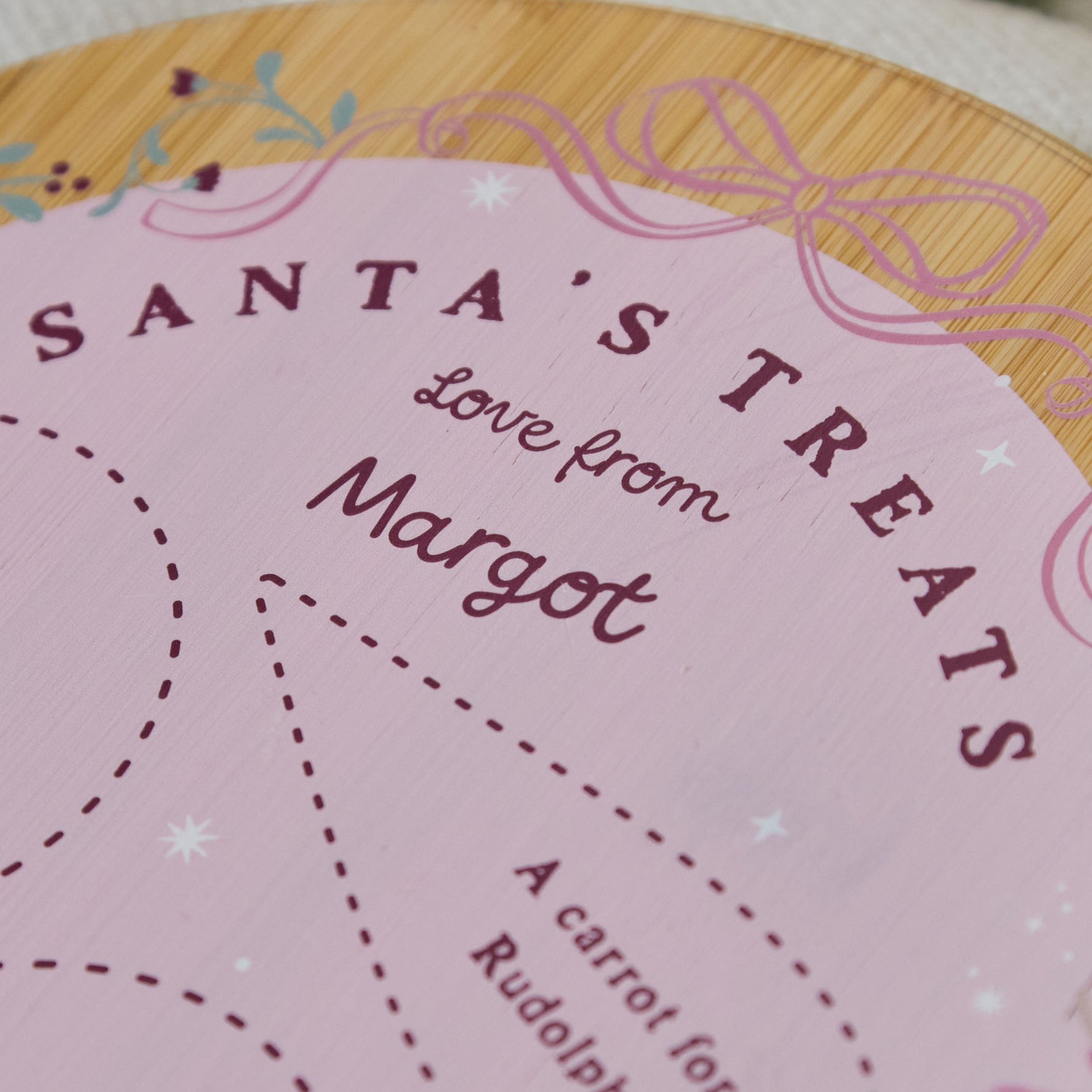Personalised Pink Bow Santa Treats Wooden Christmas Platter