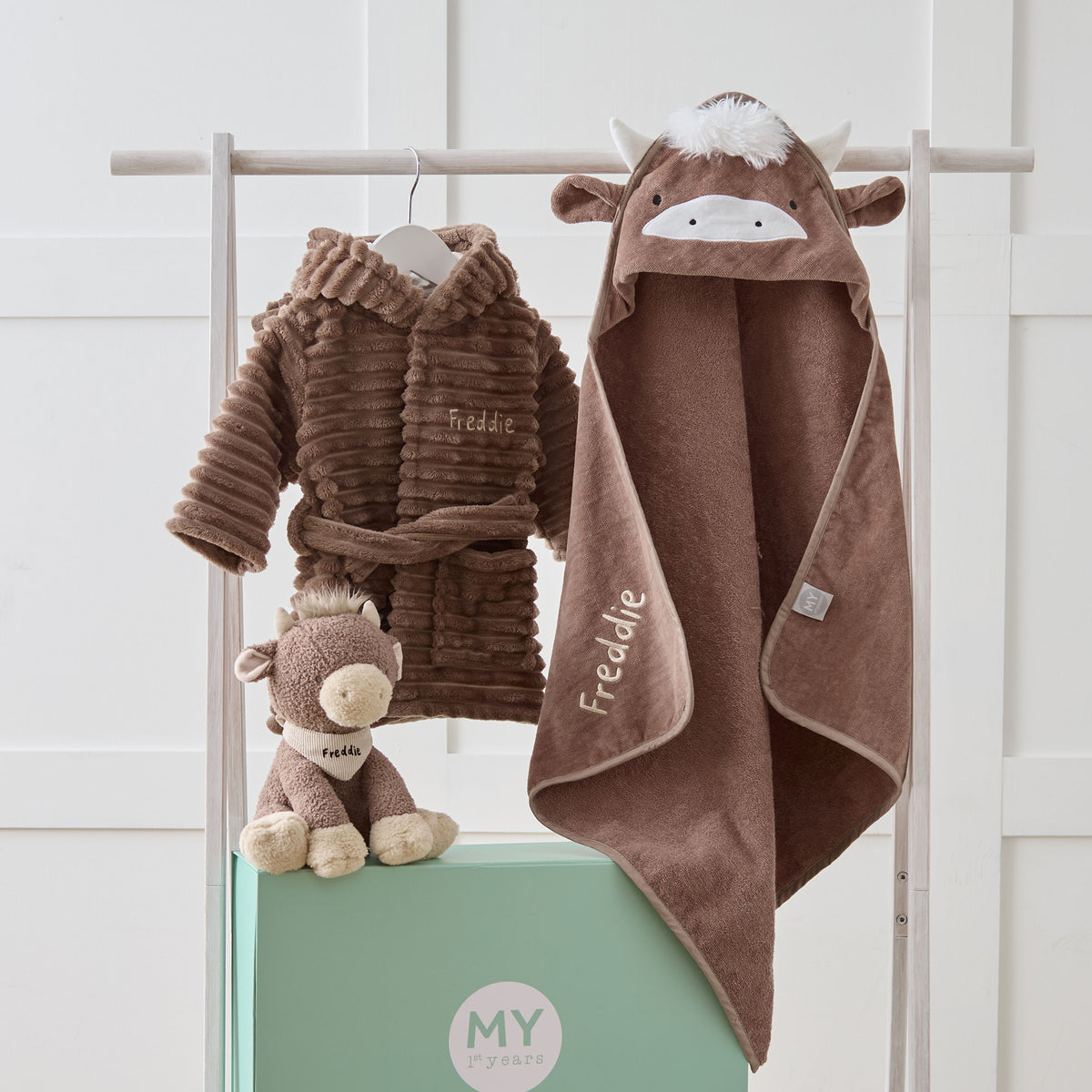 Personalised Highland Cow Splash, Snuggle and Cuddle Set