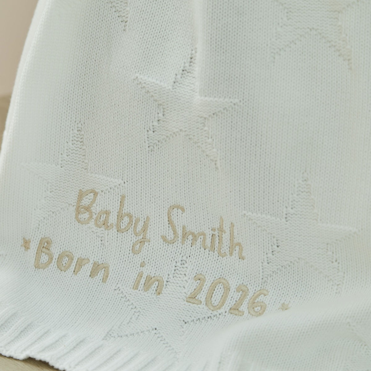 Personalized Born In 2026 Ivory Star Jacquard Baby Blanket