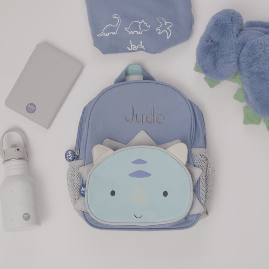 Personalised Blue Dinosaur Face Mini Backpack