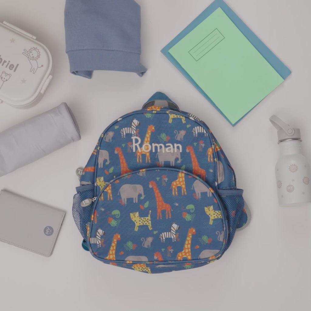 Personalised Navy Safari Print Medium Backpack