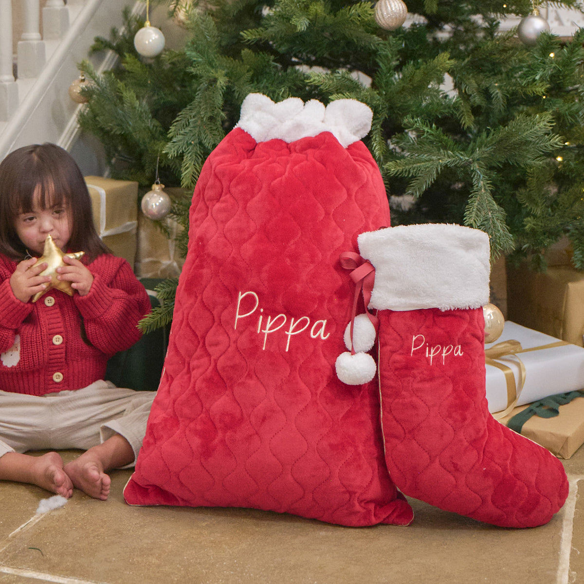 Personalised Red Velvet Name Sack and Stocking Gift Set