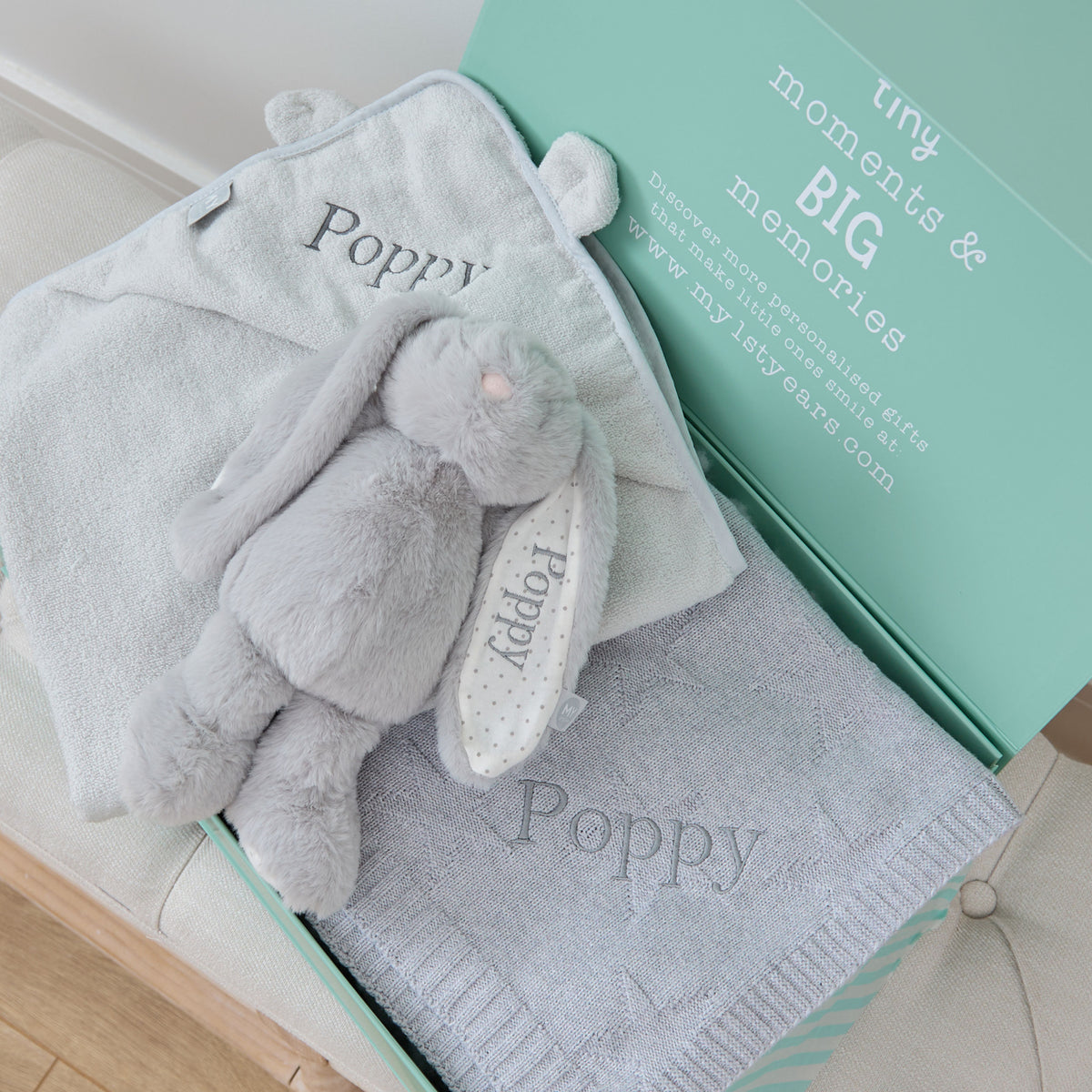 Personalised Grey New Baby Essentials Gift Set