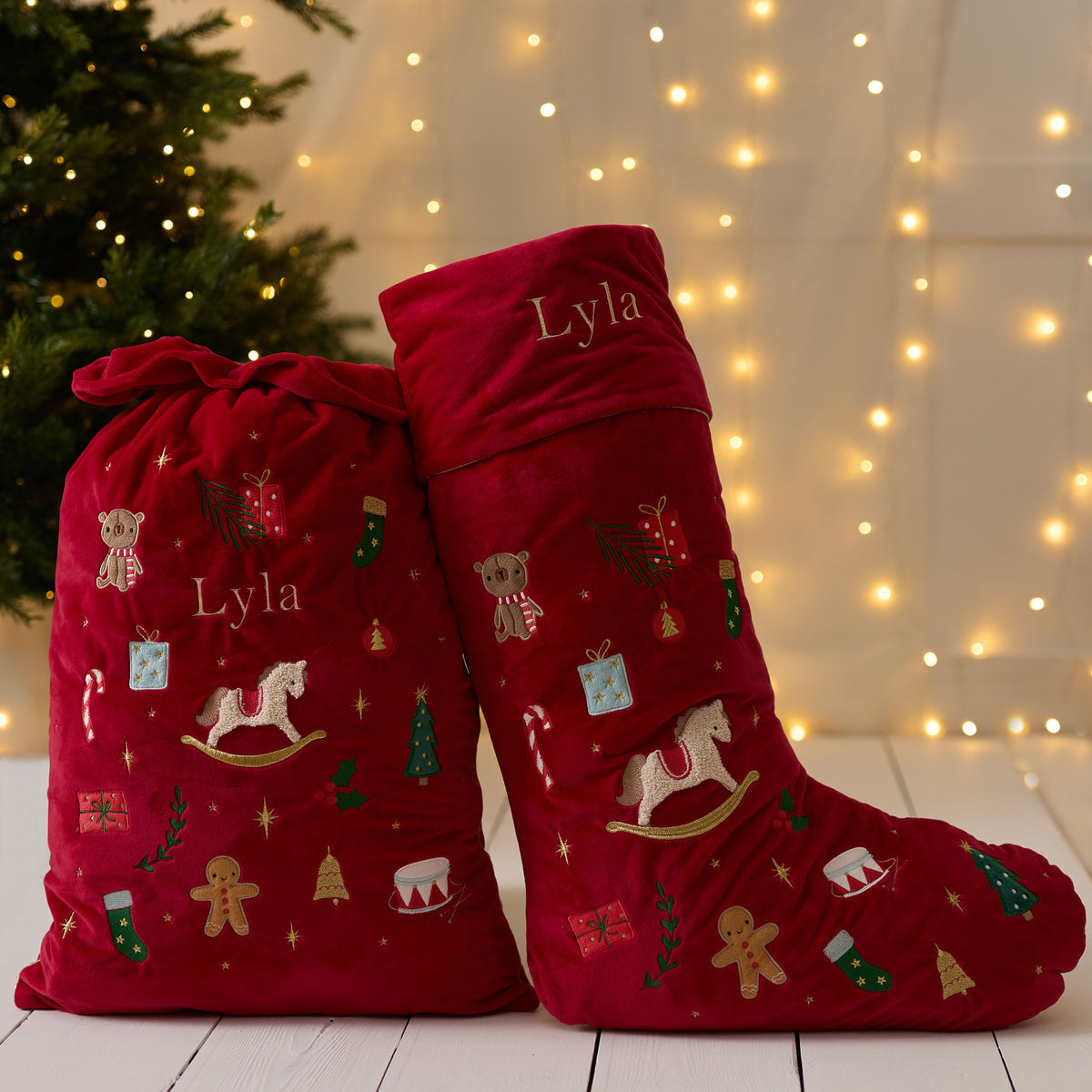 Personalised Embroidery Detailed Christmas Sack and Stocking Gift Set
