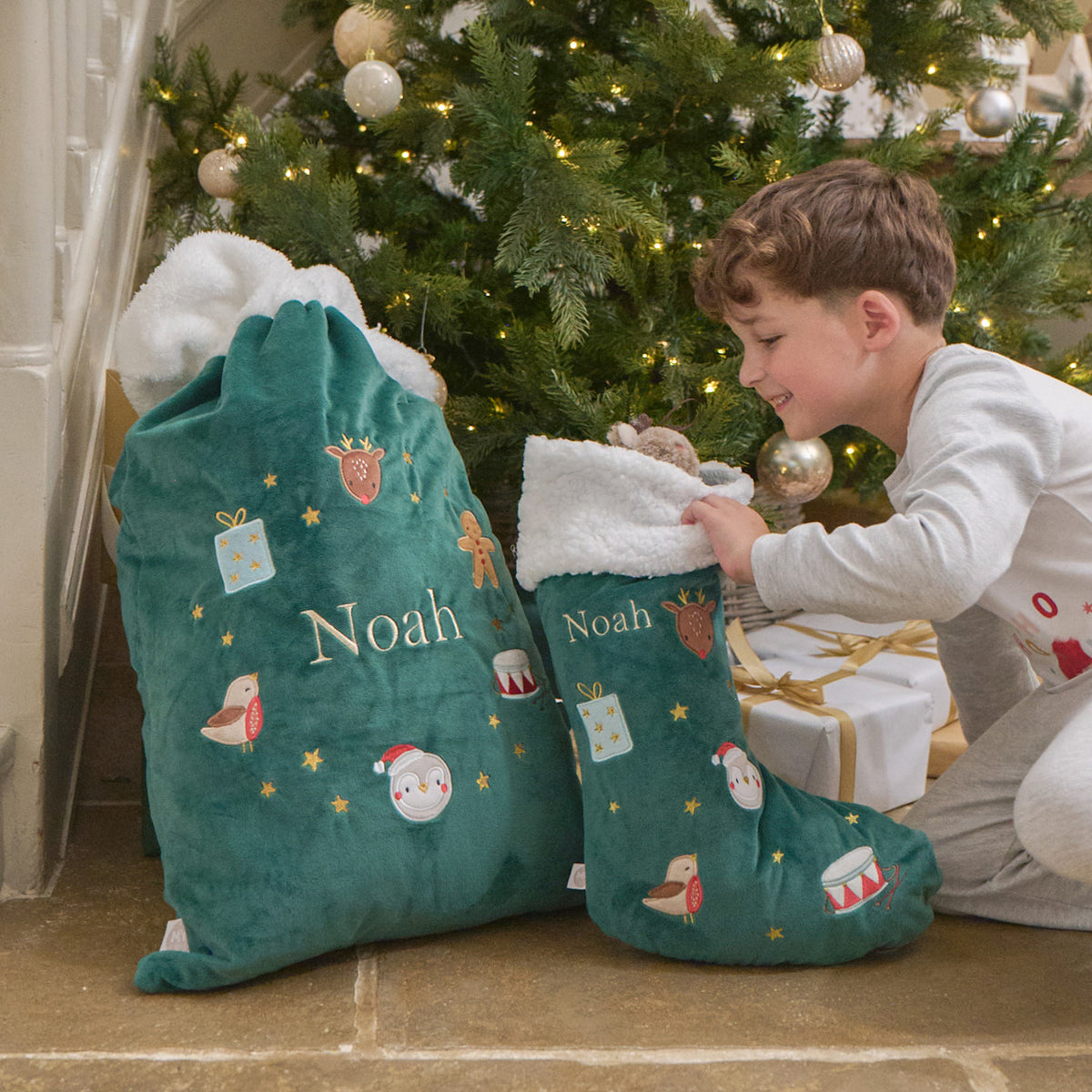 Personalised Green Embroidered Wreath Christmas Sack and Stocking Gift Set