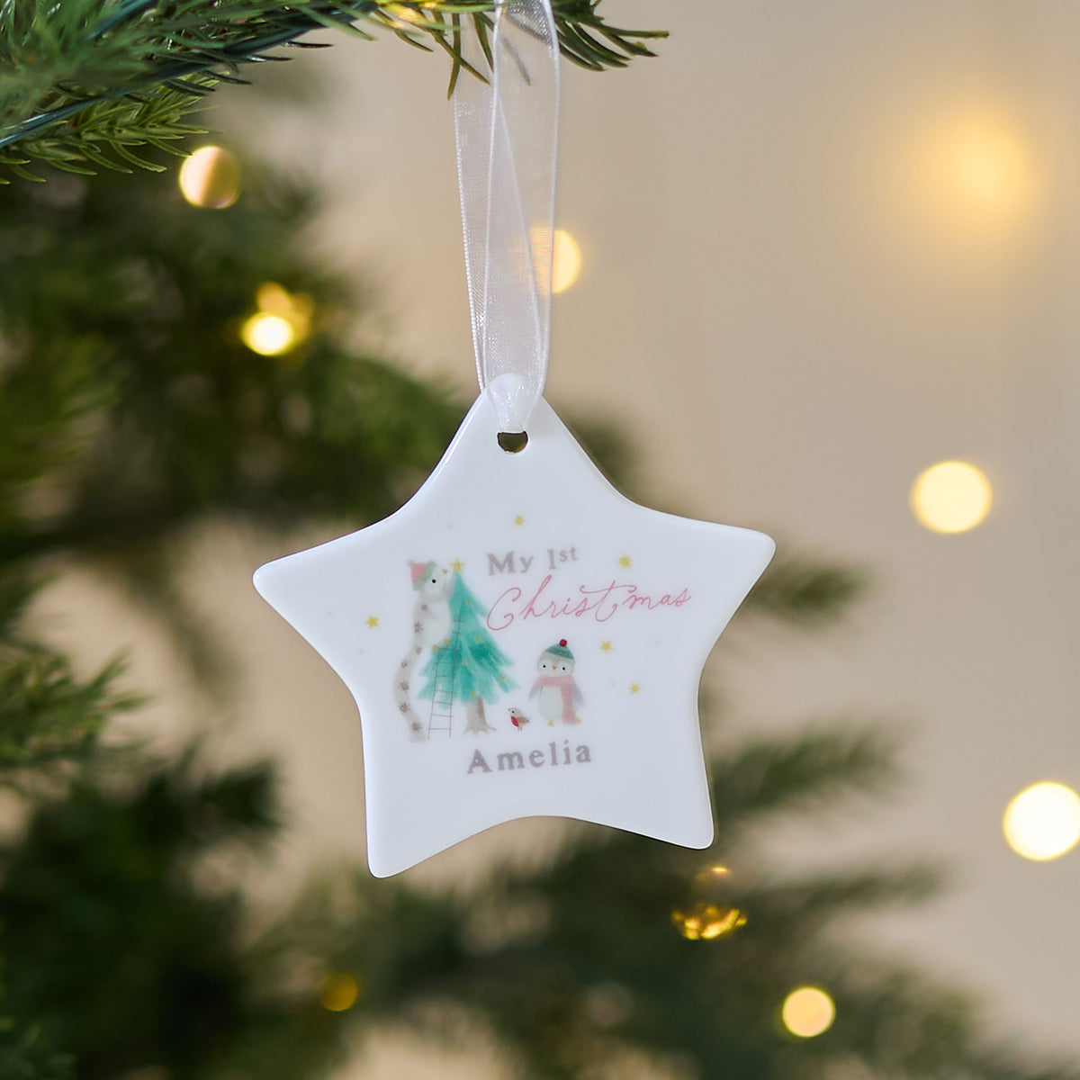 Personalised My 1st Christmas Penguin Star Ceramic Decoration