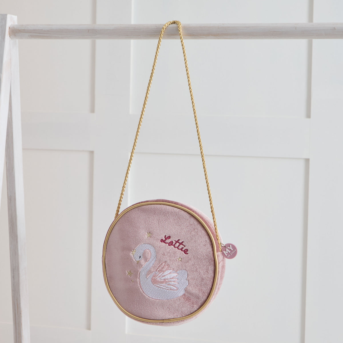 Personalised Swan Round Velvet Handbag