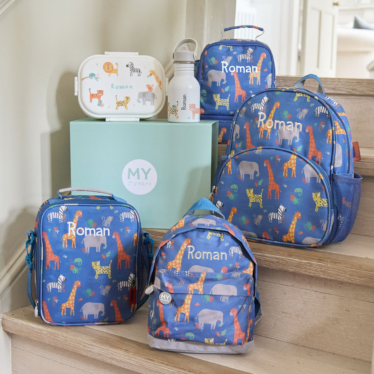 Personalised Navy Safari Print Medium Backpack