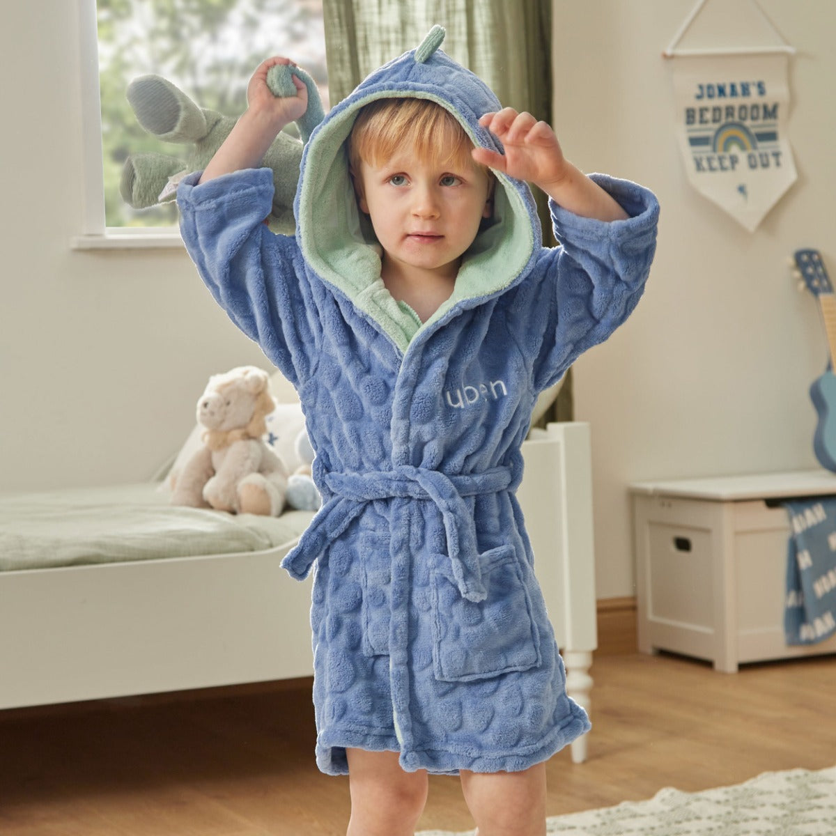 Personalized Blue Stegosaurus Dinosaur Fleece Dressing Gown