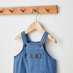 Personalised Red & Green Patchwork Letters Denim Dungarees