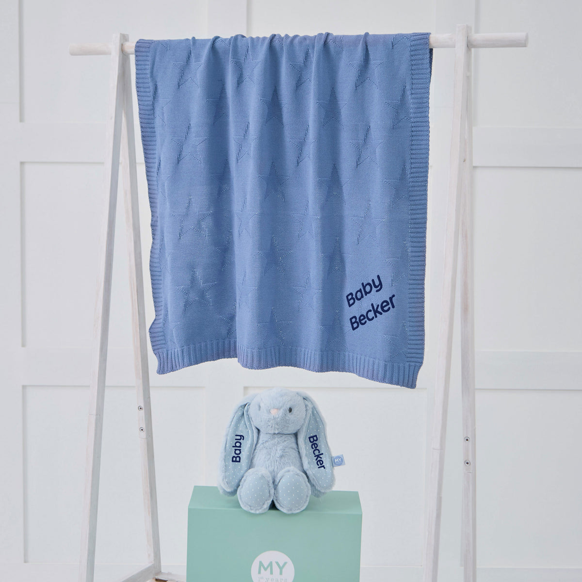Personalized Blue Blanket and Bunny Gift Set
