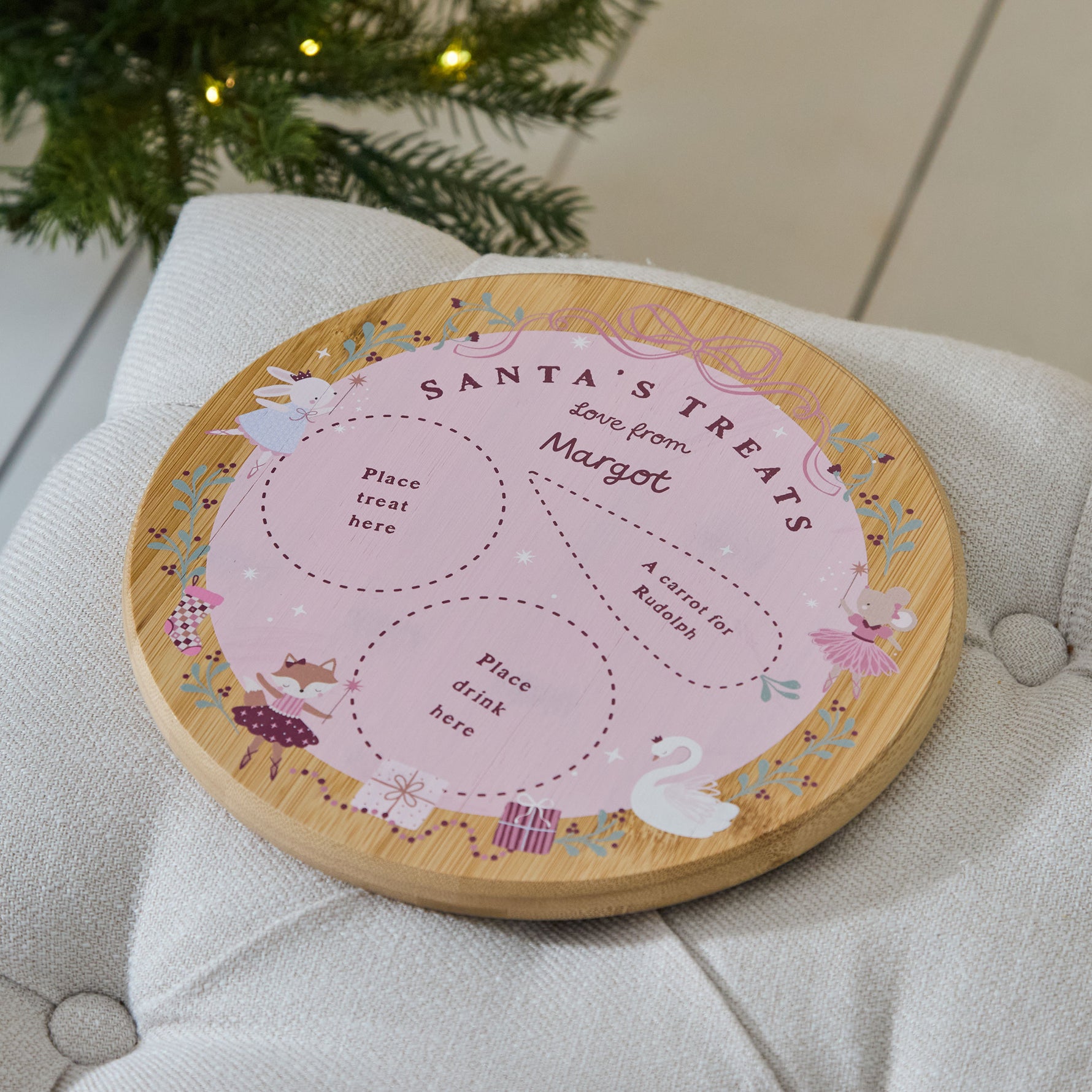 Personalised Pink Bow Santa Treats Wooden Christmas Platter