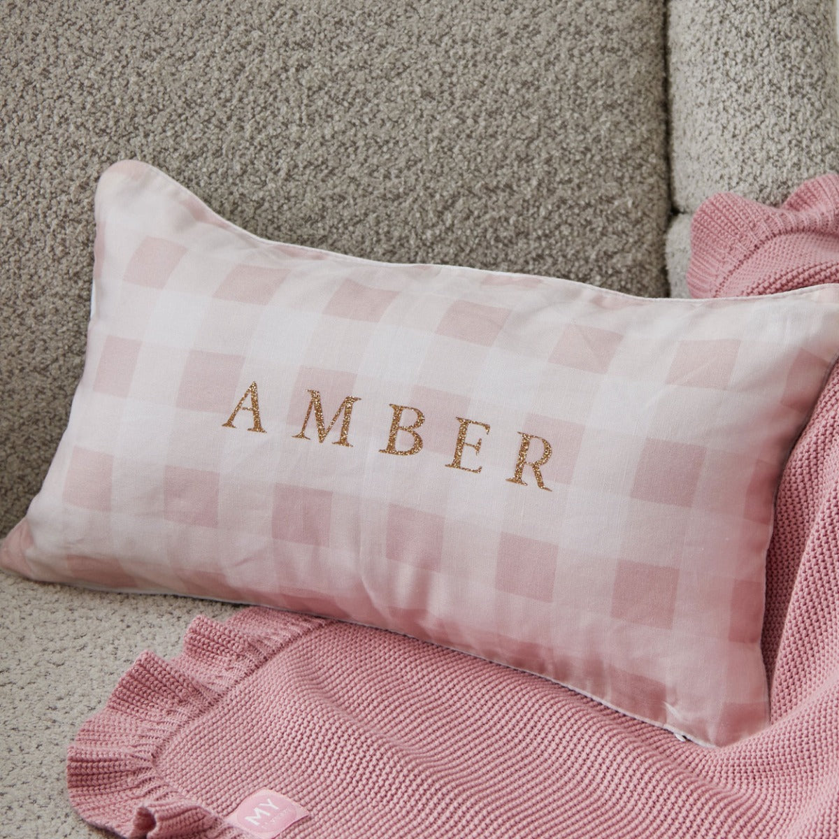 Personalised Pink Gingham Linen Cushion