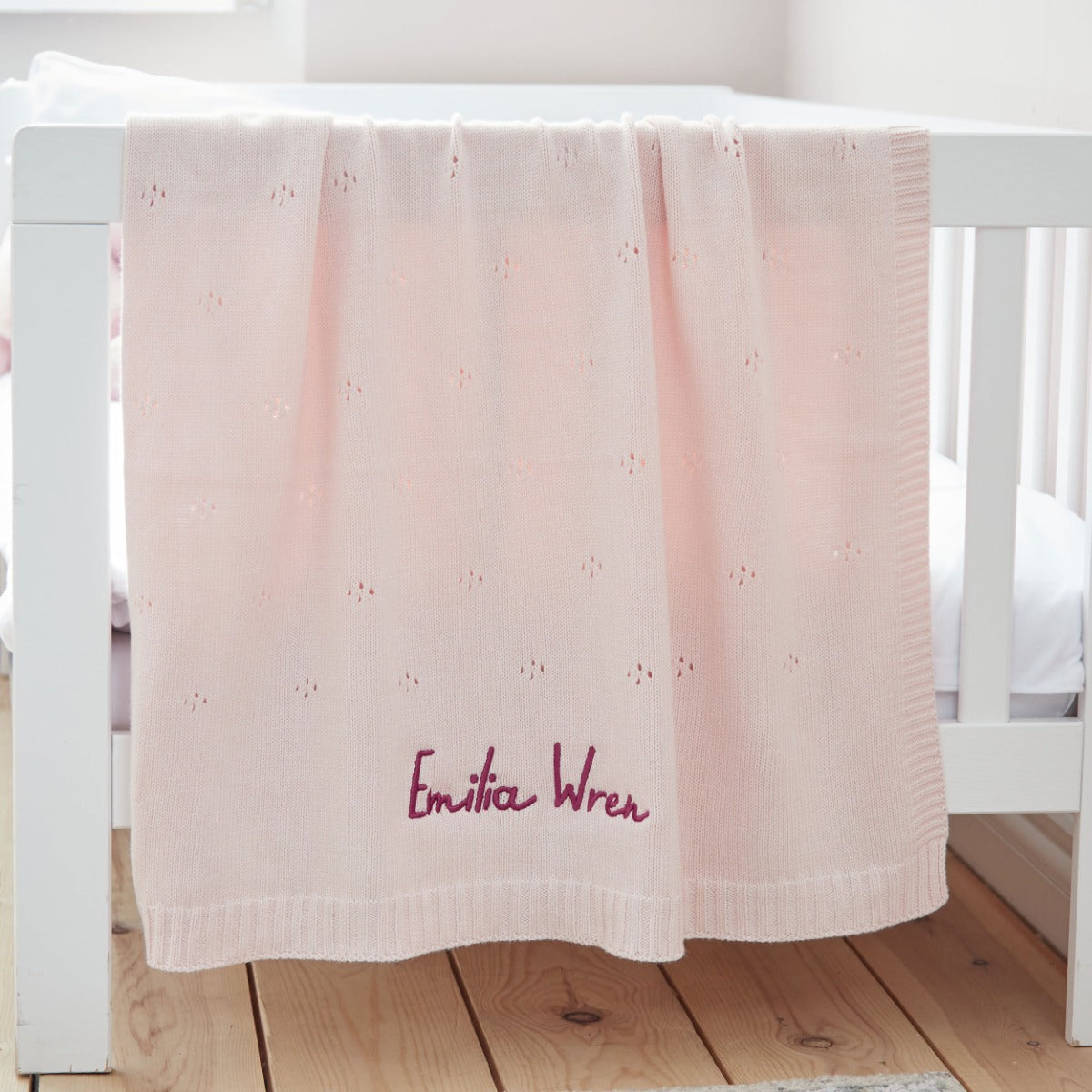Personalised Cashmere Blend Pointelle Baby Blanket in Pink 