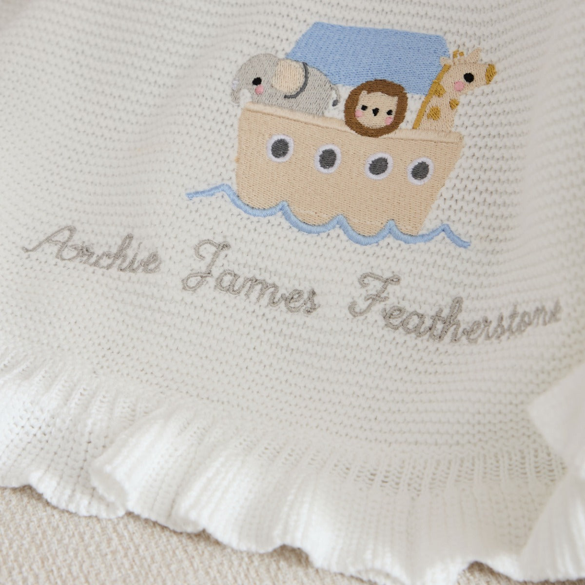 Personalised Noah's Ark Christening Ivory Frill Blanket