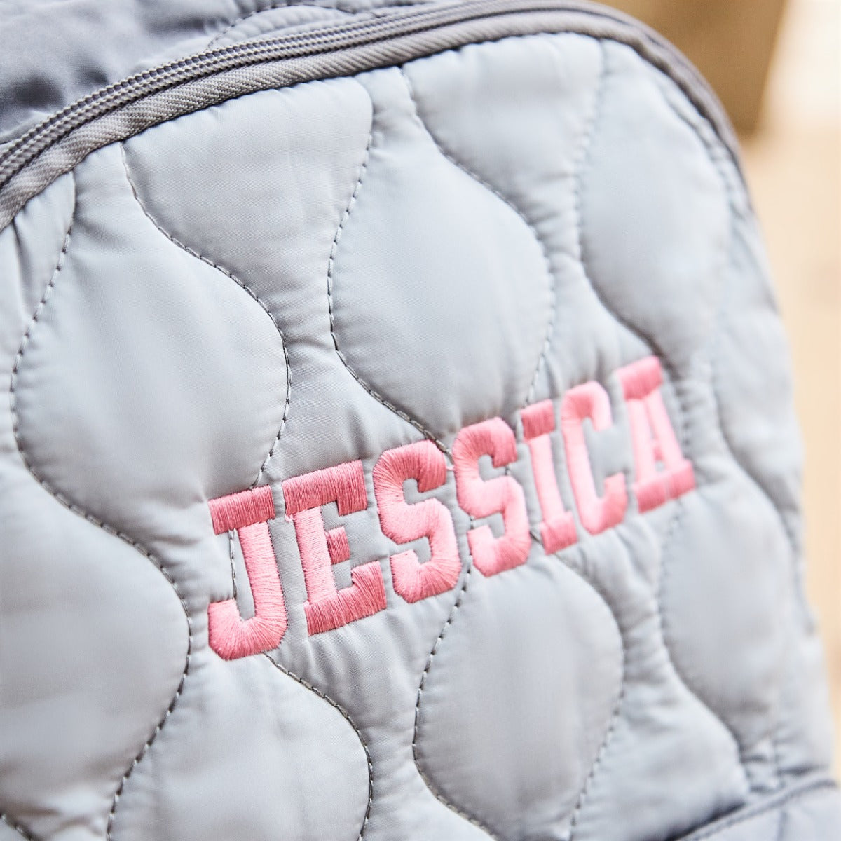 Personalised Large Grey Quilted Pink Name Varsity Backpack