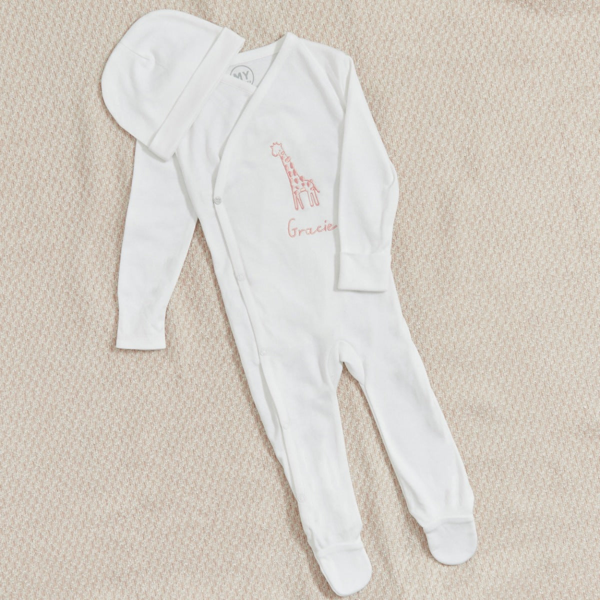 Personalised Pink Giraffe Wrap Sleepsuit & Hat Baby Set