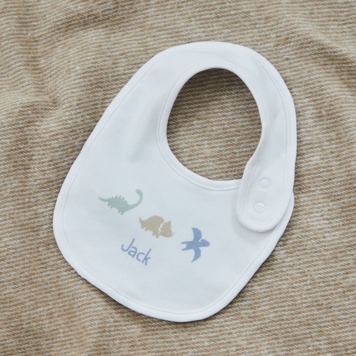 Personalised Blue Dino White Baby Bib
