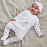Personalised Blue Giraffe Wrap Sleepsuit & Hat Baby Set