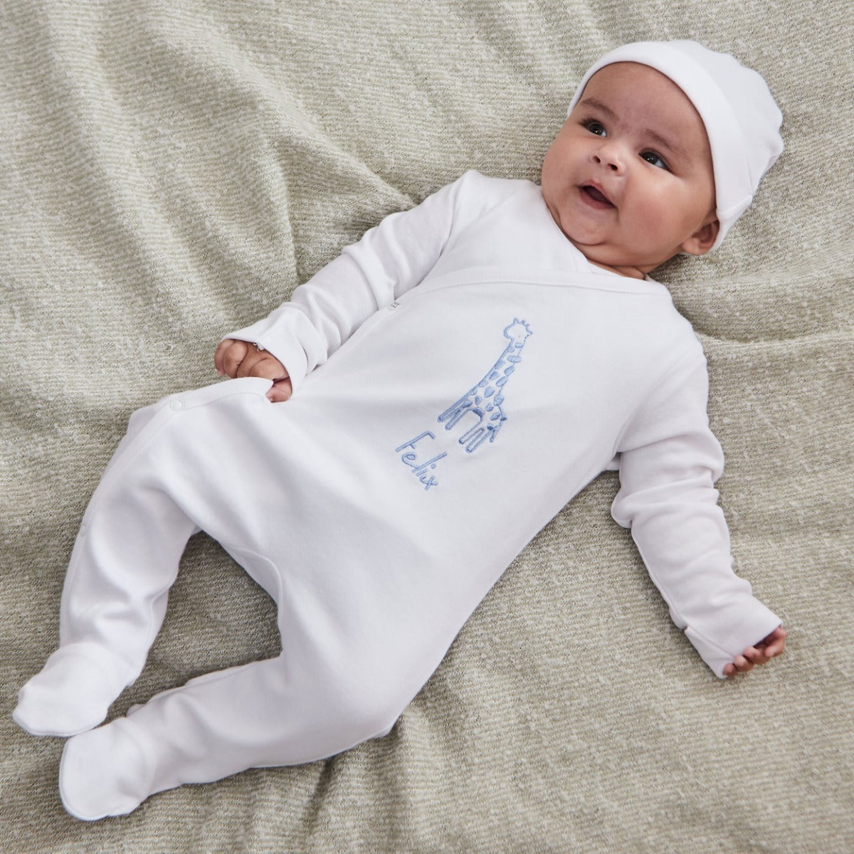 Personalised Blue Giraffe Wrap Sleepsuit & Hat Baby Set