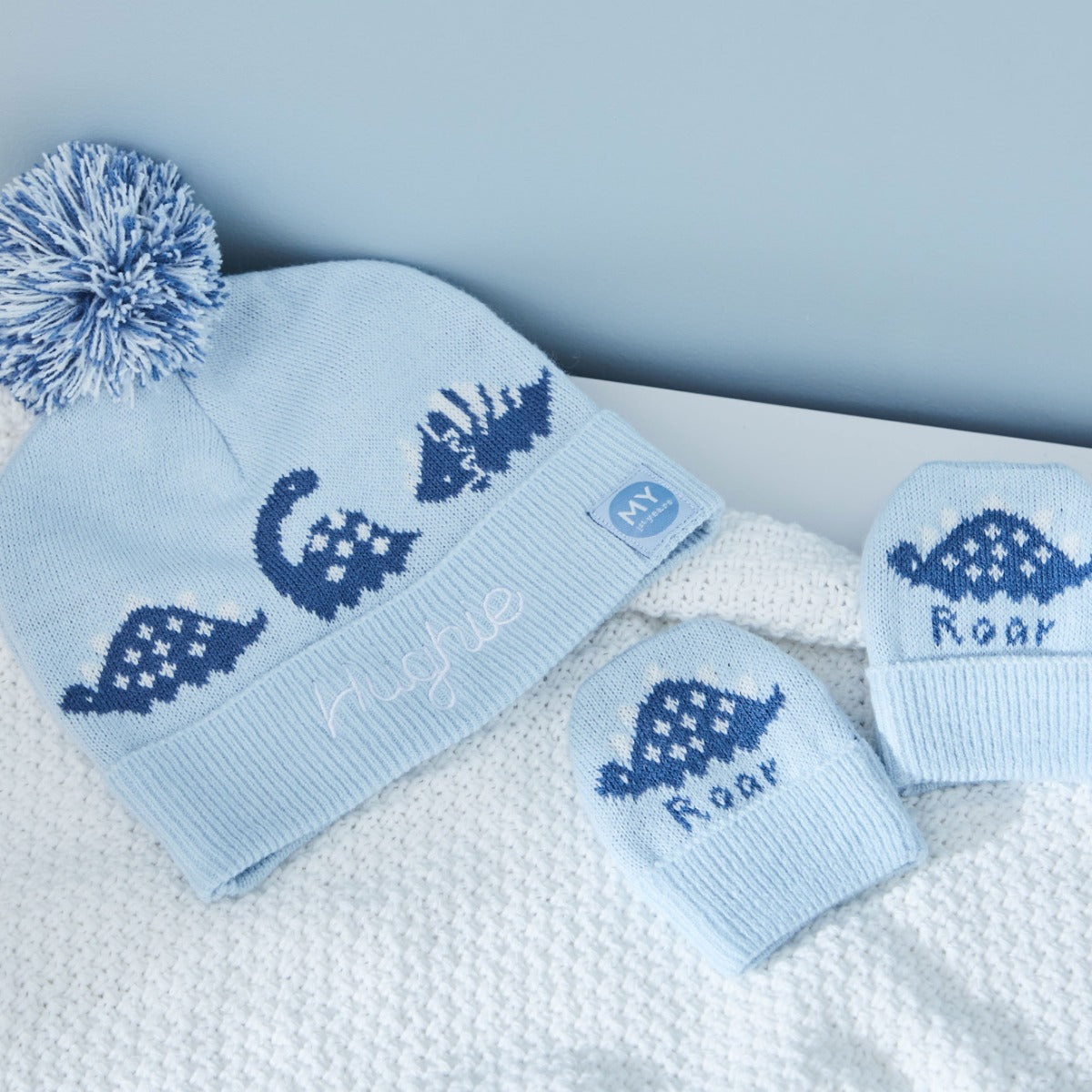 Personalised Dinosaur Knitted Hat & Mittens Set