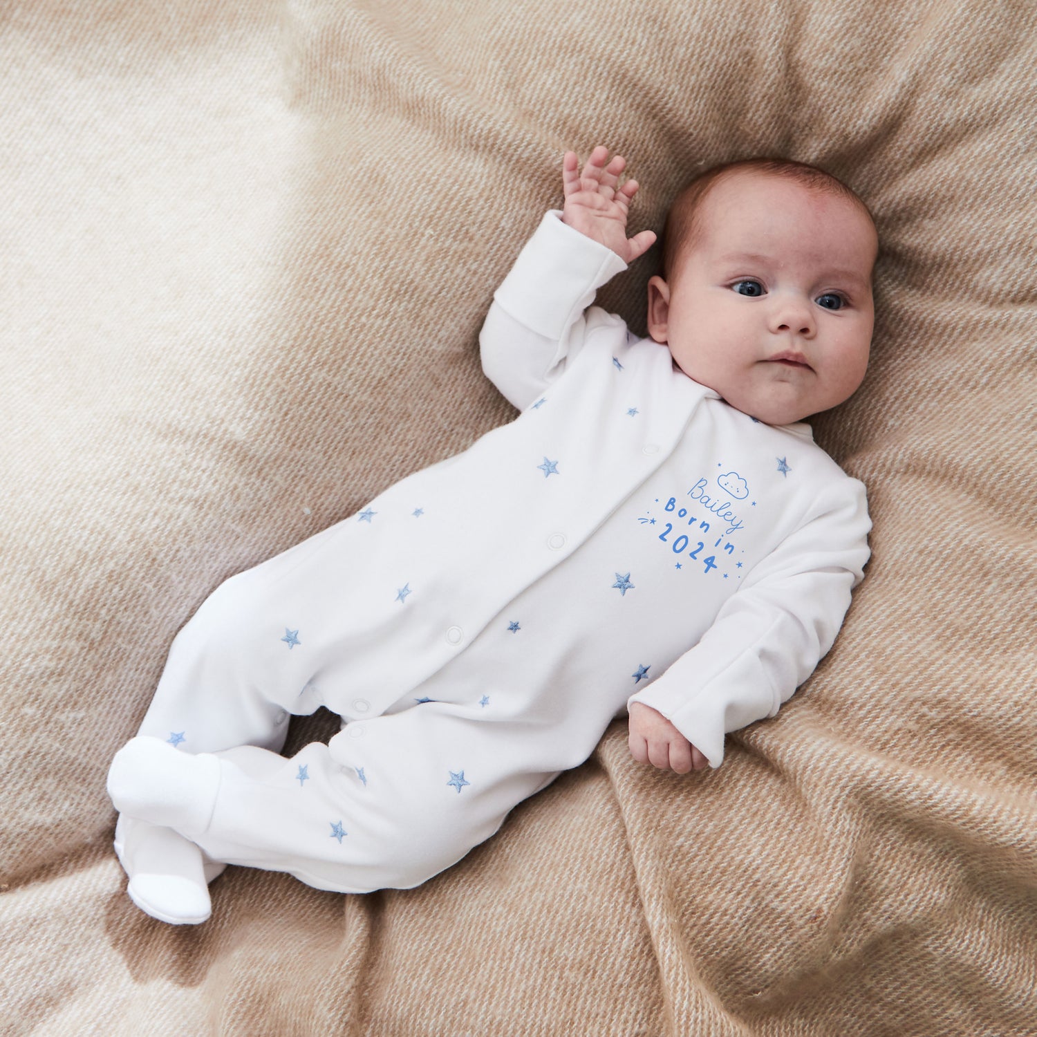 Personalised Born in 2024 Blue Star Design Sleepsuit