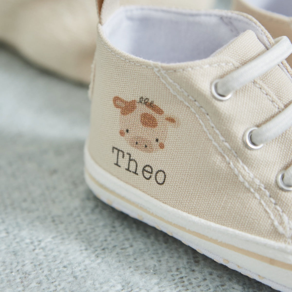 Personalised Cow Oatmeal Baby High Top Trainers 