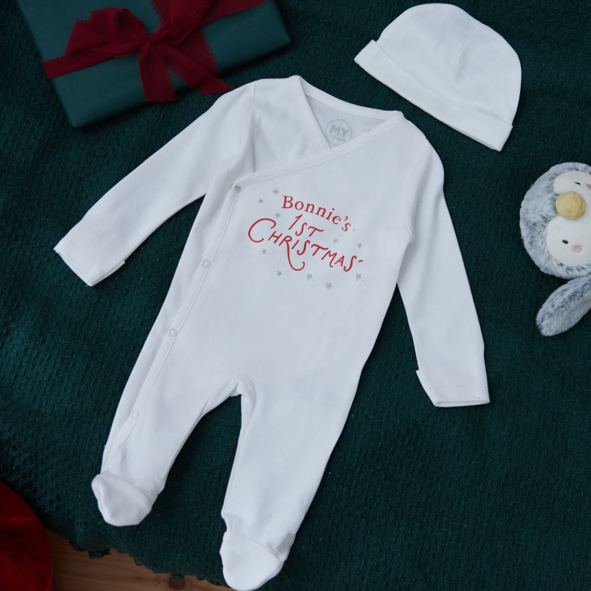 Personalised 1st Christmas Wrap Sleepsuit & Hat Set