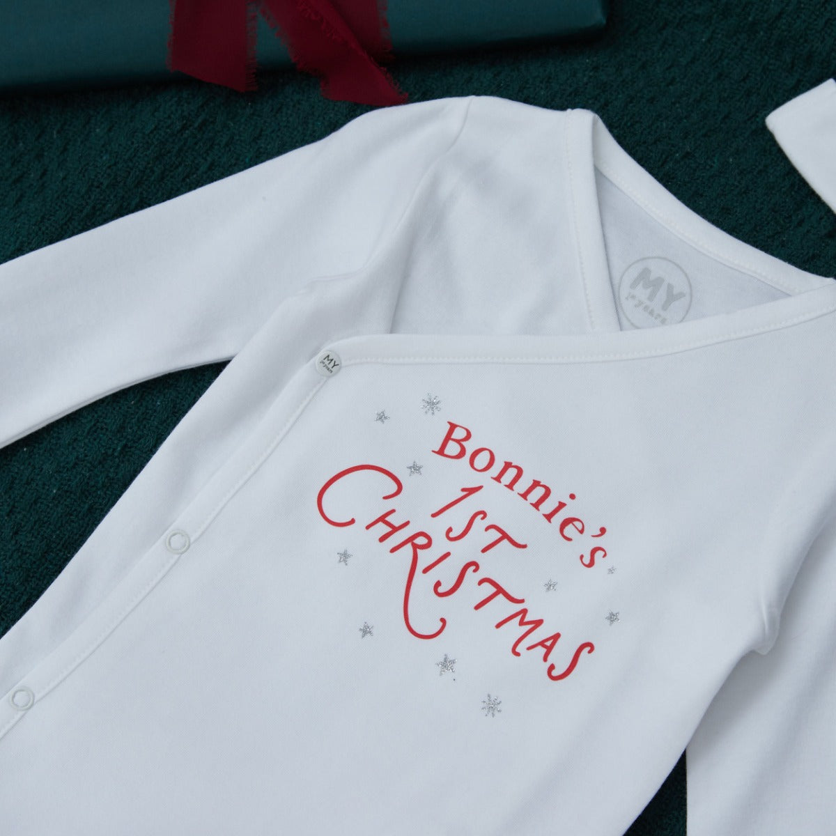 Personalised 1st Christmas Wrap Sleepsuit & Hat Set