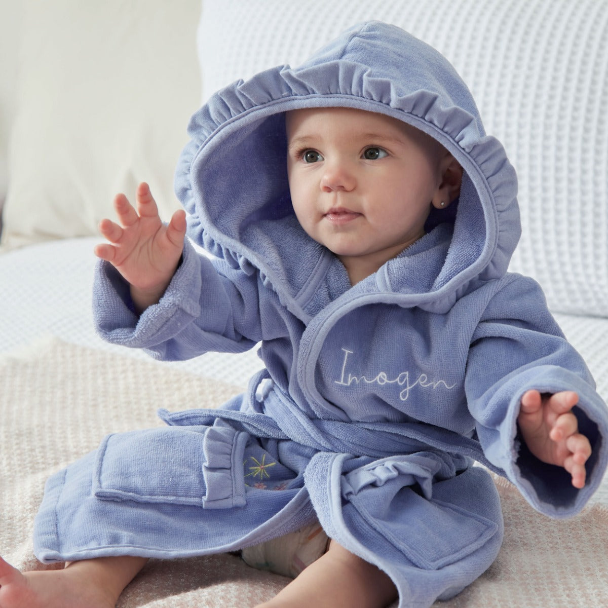Personalised Blue Frill Towelling Robe
