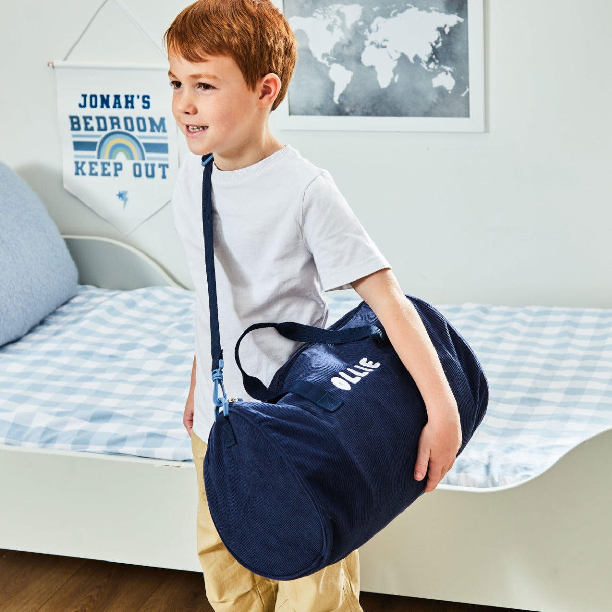 Personalised Navy Cord Barrel Bag 