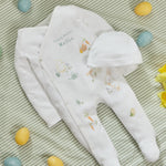 Personalised Hoppy Easter Farm Animals White Sleepsuit & Hat