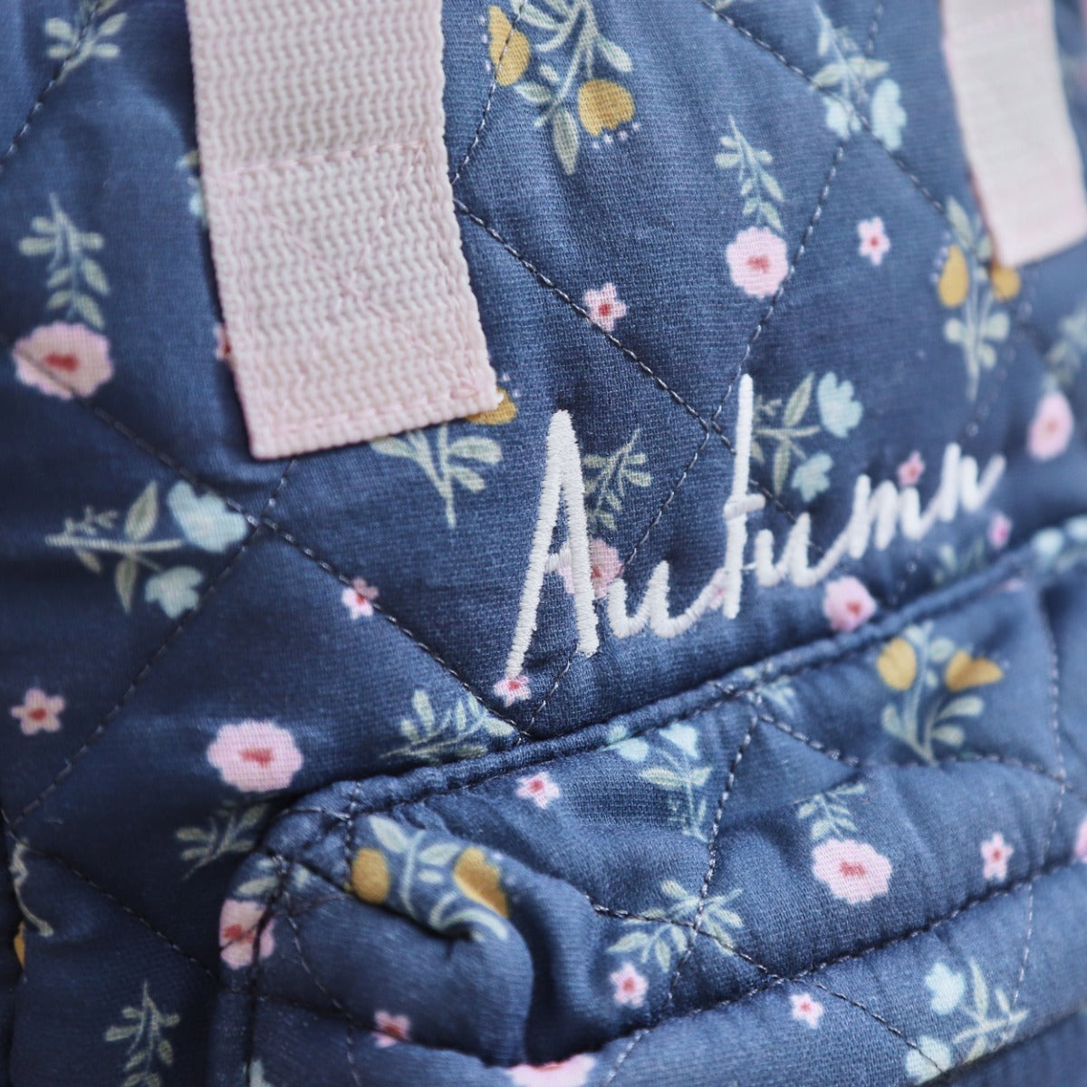 Personalised Quilted Navy Floral Mini Grab Handle Backpack 