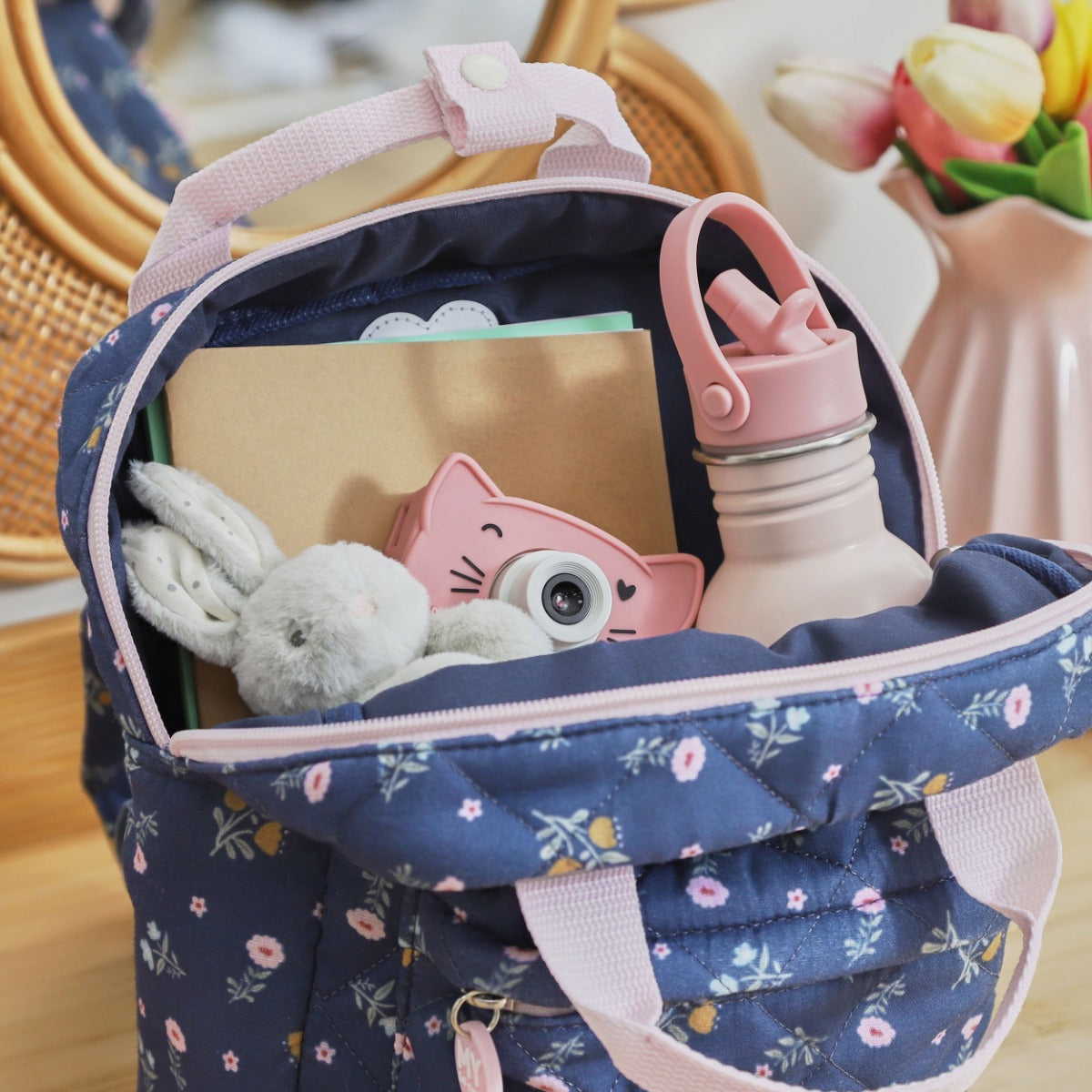 Personalised Quilted Navy Floral Mini Grab Handle Backpack 