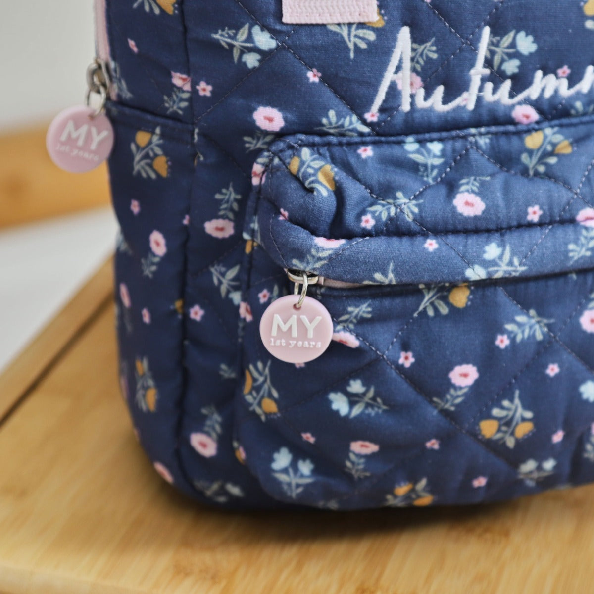 Personalised Quilted Navy Floral Mini Grab Handle Backpack 