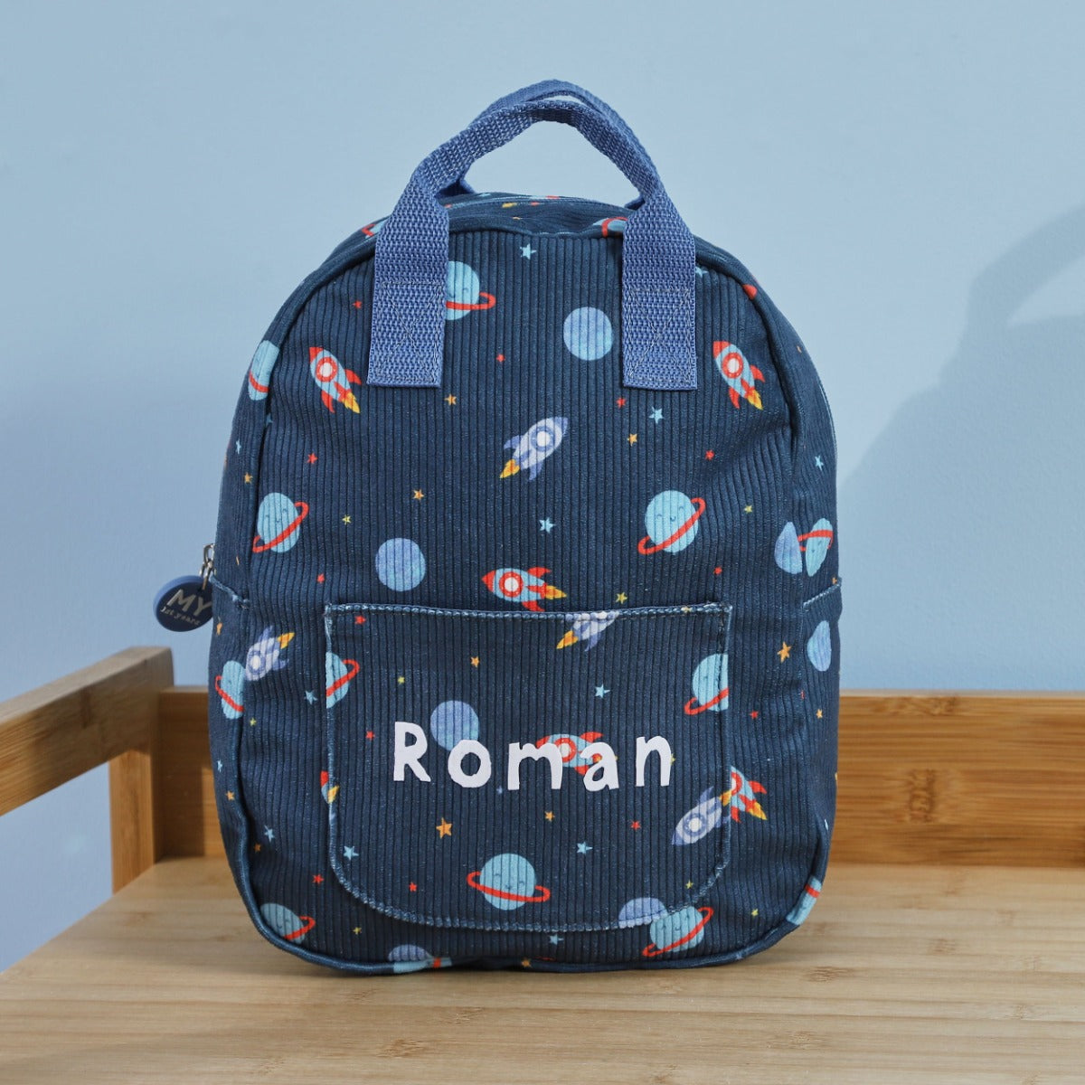 Personalised Rocket Navy Printed Cord Mini Backpack 