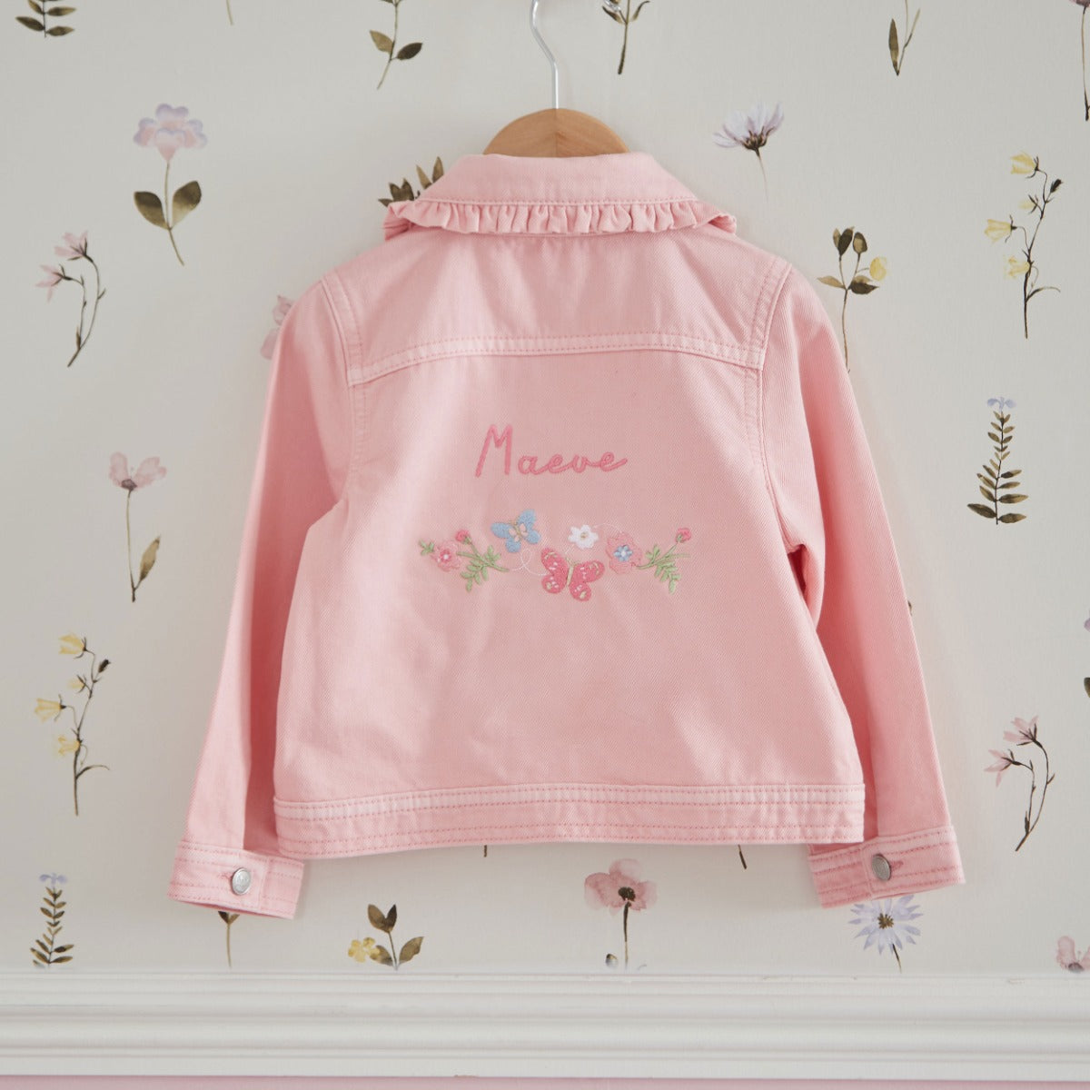 Personalised Floral Butterfly Pink Frill Denim Jacket