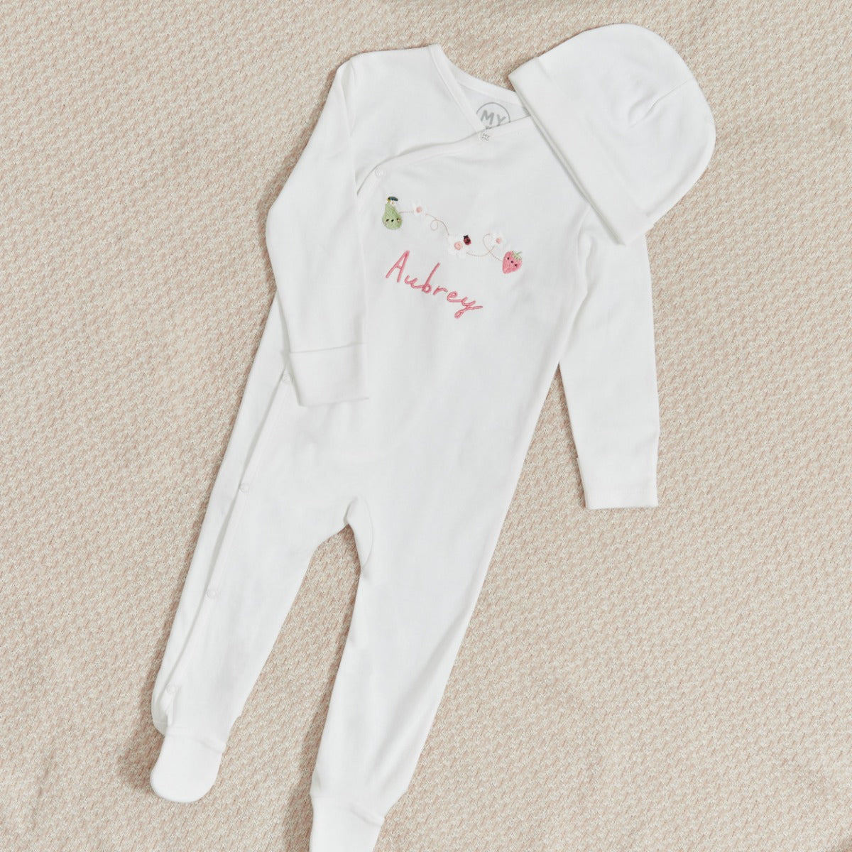 Personalised Fruit Floral Wrap Sleepsuit & Hat Baby Set