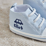 Personalised Car Blue Baby High Top Trainers 