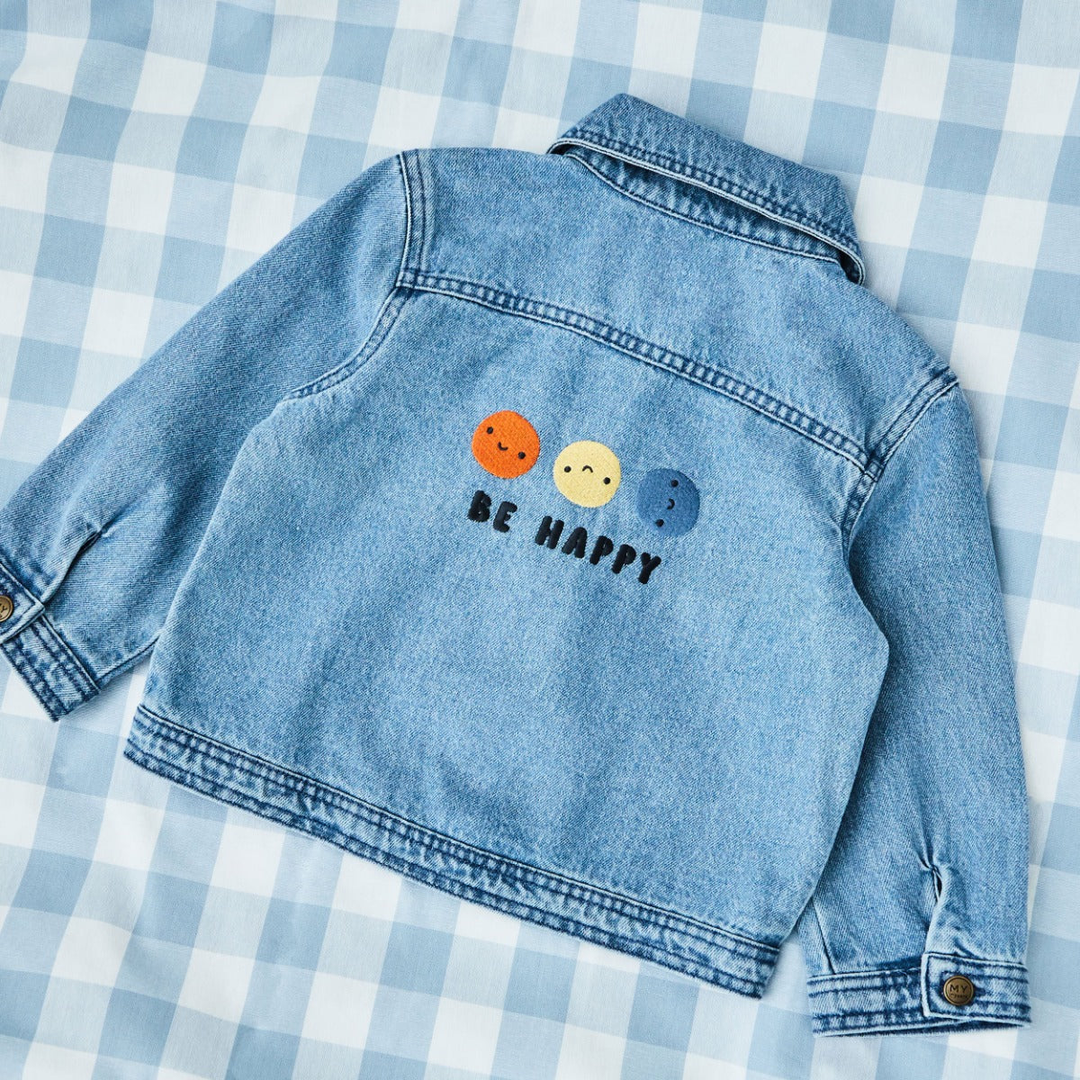 My Kids Personalised Colourful Be Happy Blue Denim Jacket