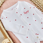 Personalised Red Heart Printed Organic Cotton Sleepsuit