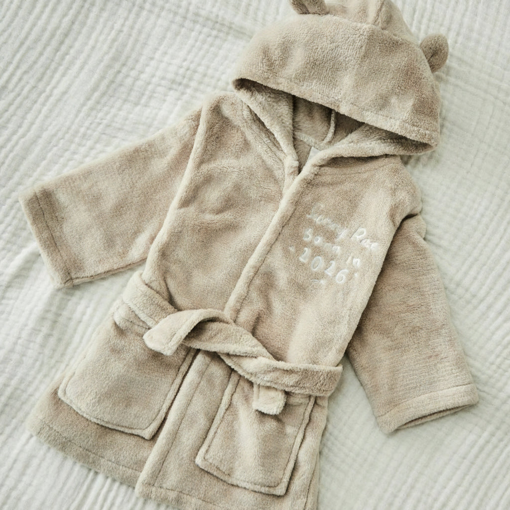 Personalised Oatmeal Born 2026 Fleece Robe Ears