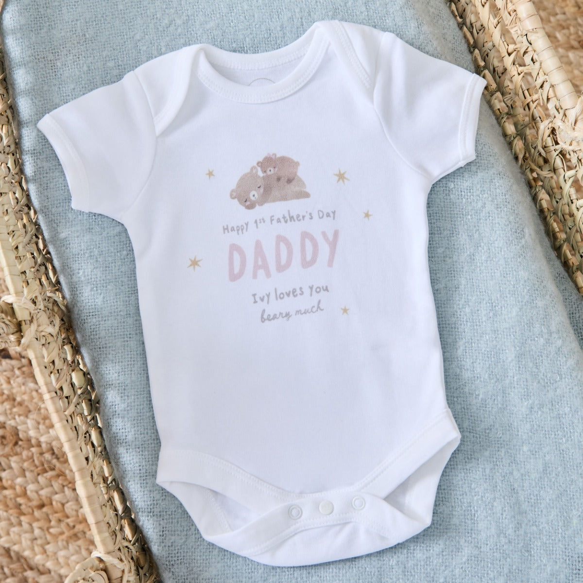 Personalised Father’s Day Baby Bear Bodysuit in White and Pink