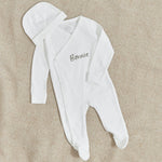 Personalised Ivory Wrap Sleepsuit & Hat Baby Set
