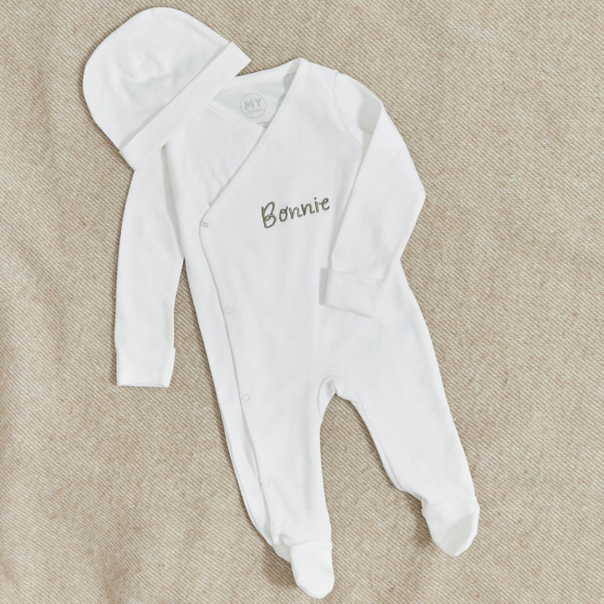 Personalised Ivory Wrap Sleepsuit & Hat Baby Set