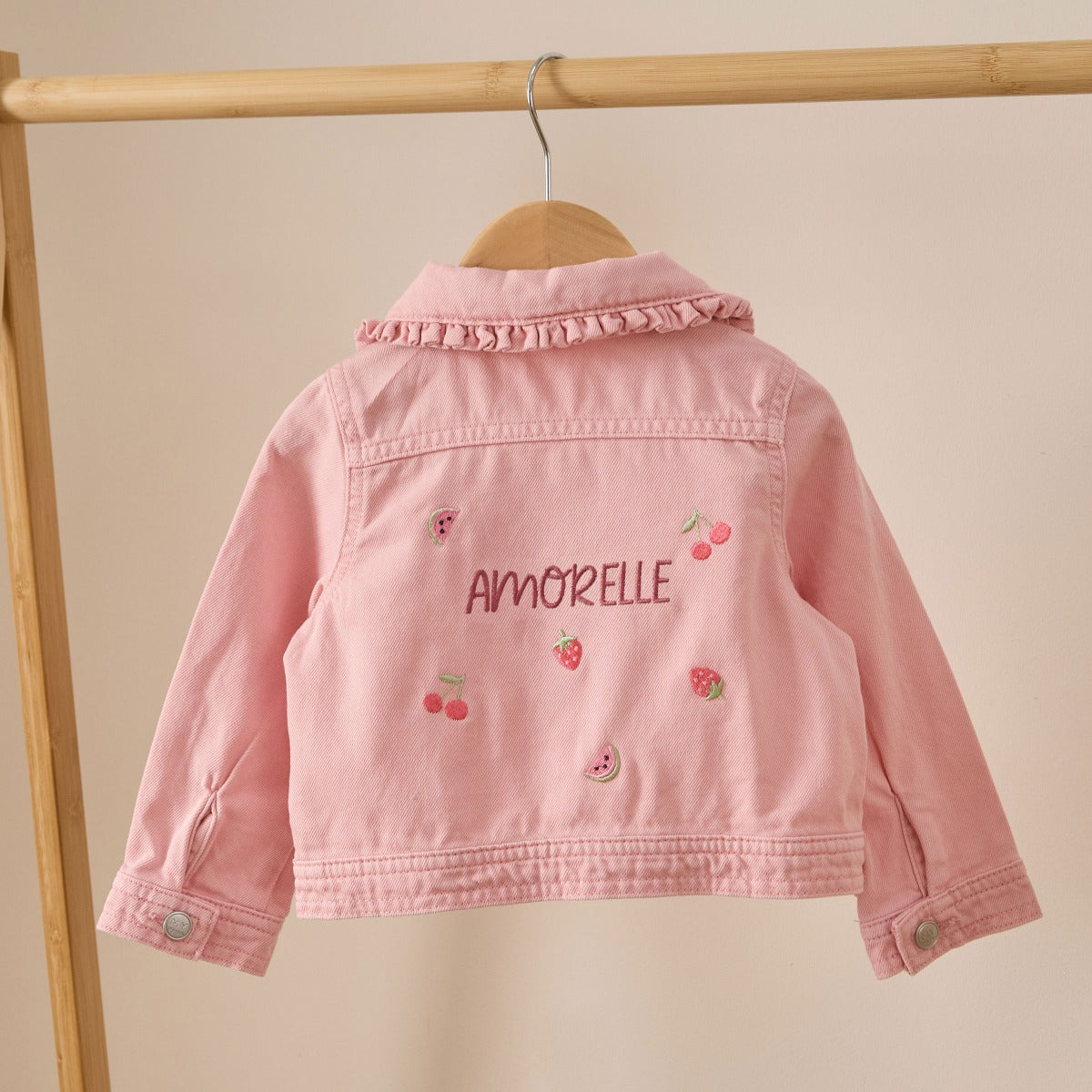 Personalised Red Fruit Pink Frill Denim Jacket